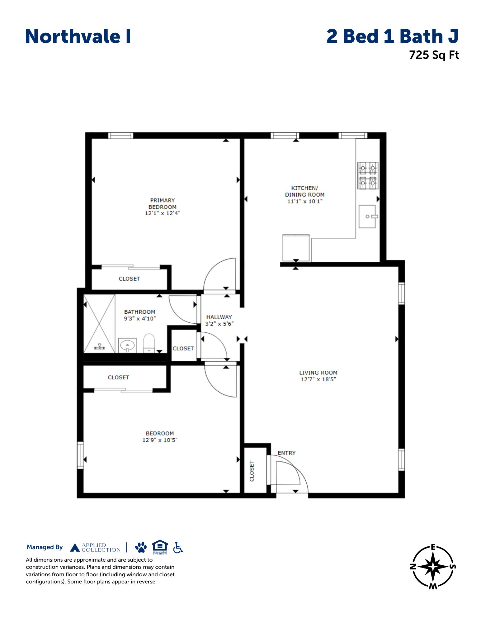 Floor plan for 2 beds, 1 bath, 725 sqft